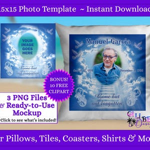 May include: A white pillow with a blue design featuring a photo template. The template includes a photo of a man, the text "Manuel Garcia", and the dates August 12, 1918 - December 3, 1986. The text "Gone but not forgotten" is also included.