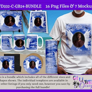 Father’s Day in Heaven digital Design Photo template BUNDLE, Angel wings T-shirt Coffee mug tumbler Dad PNG doves Sublimation Clouds, Blue