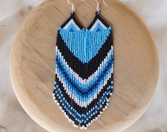 Deep Waters - Native Beaded Earrings in Shades of Blue - Handmade by Huichol Artisans - Mother Sierra