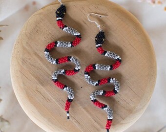 Zelda - Serpent-Inspired Beaded Earrings in Striking Red - Handmade by Huichol Artisans - Mother Sierra