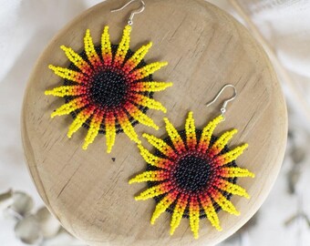 Naranja - Beaded Earrings with Yellow & Orange Floral Design - Handmade by Mexican Artisans - Mother Sierra