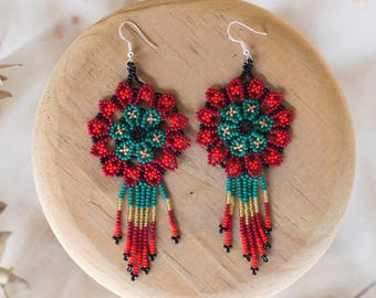 Pomegranate - Native Beaded Earrings with Red & Green Floral Design - Handmade by Mexican Artisans - Mother Sierra