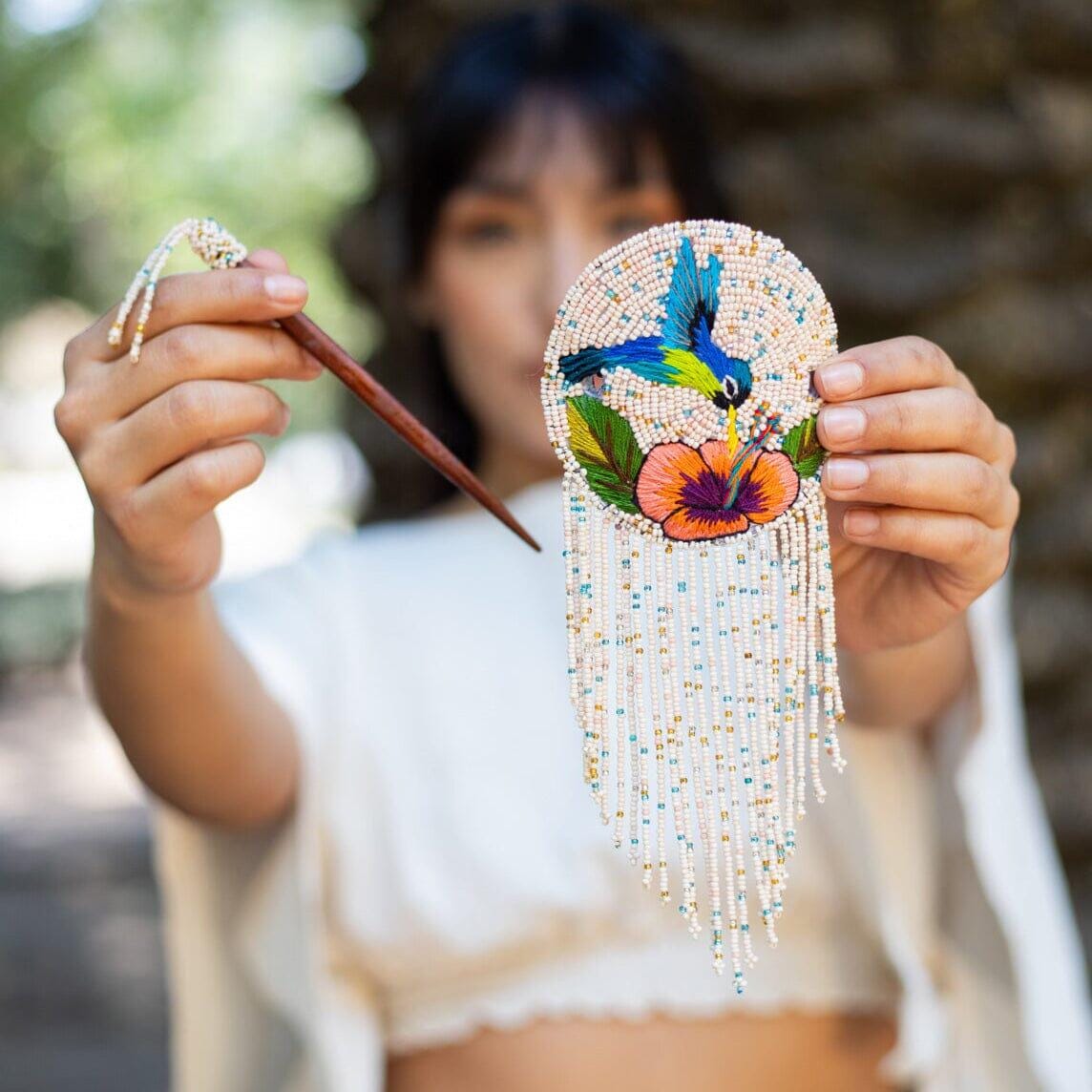 Handmade Artisan by Huicholes Mexican Beaded Butterfly Hair Barrett Huichol Fair Trade Indigenous Made Beaded Butterfly Hair  main image 3