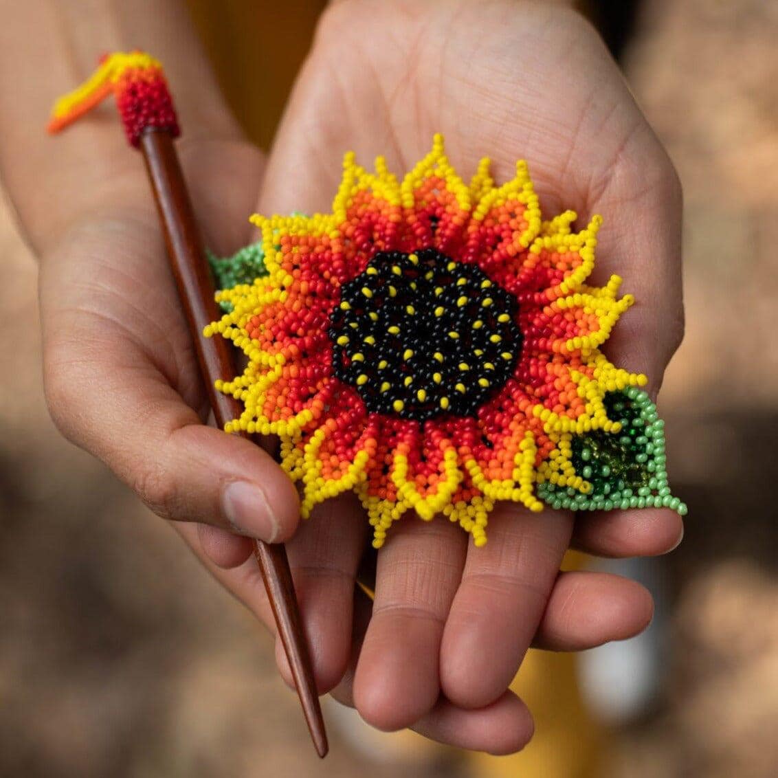 Bright Sunflower - Beaded Hair Barrette Inspired by Sunflowers - Handmade by Huichol Artisans - Mother Sierra