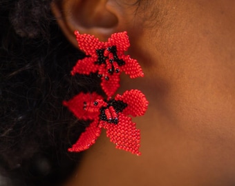 Noche Buena - Beaded Earrings Inspired by Winter Red Flowers - Handmade by Huichol Artisans - Mother Sierra