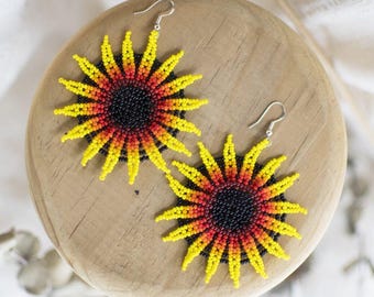 Naranja - Beaded Earrings with Yellow & Orange Floral Design - Handmade by Mexican Artisans - Mother Sierra