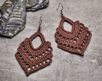 Chocolate Brown Chevron Boho Lace Earrings, Fall Earrings, Handmade Crochet Earrings, Lightweight Statement Earrings