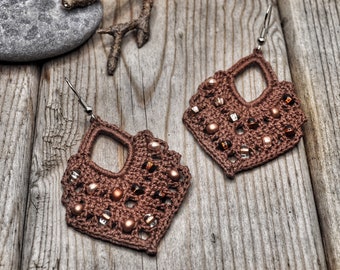 Brown Chevron Beaded Boho Lace Earrings, Fall Earrings, Handmade Crochet Earrings, Textile Earrings