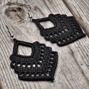 Black Chevron Boho Lace Earrings, Black Lace Earrings, Handmade Crochet Earrings, Lightweight Statement Earrings