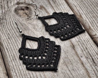 Black Chevron Boho Lace Earrings, Black Lace Earrings, Handmade Crochet Earrings, Lightweight Statement Earrings