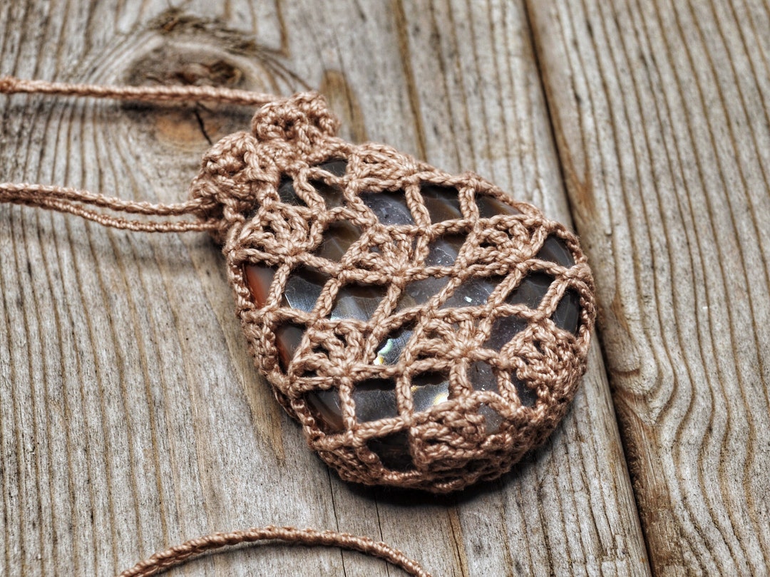 Crystal Pouch Necklace, Interchangeable Stone Holder, Crochet