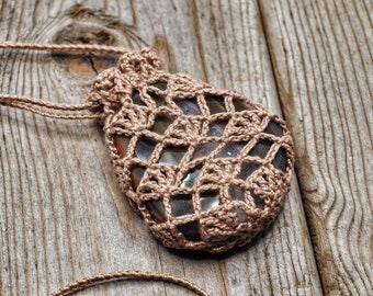 Crystal Pouch Necklace, Interchangeable Stone Holder, Crochet