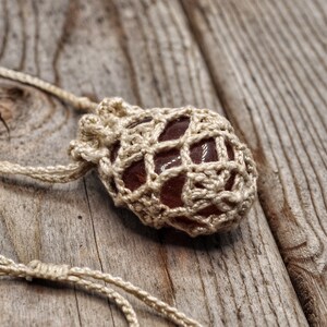 Crystal Pouch Necklace, Beige, Interchangeable Stone Holder, Crochet Medicine Bag