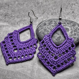 Purple Chevron Boho Lace Earrings, Handmade Crochet Earrings, Lightweight Statement Earrings