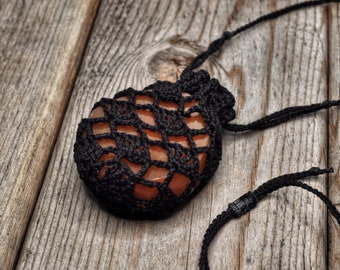 Crystal Pouch Necklace, Black, Interchangeable Stone Holder, Crochet  Medicine Bag