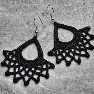 Black Beaded Fan Earrings, Black Lace Earrings, Handmade Crochet Earrings, Lightweight Statement Earrings