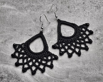Black Beaded Fan Earrings, Black Lace Earrings, Handmade Crochet Earrings, Lightweight Statement Earrings