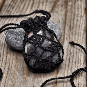Crystal Pouch Necklace, Black, Interchangeable Stone Holder, Crochet Medicine Bag