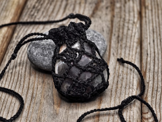 Crystal Pouch Necklace, Black, Interchangeable Stone Holder, Crochet  Medicine Bag 