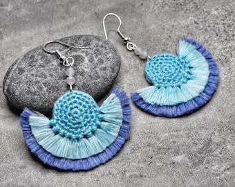 Blue Tassel Earrings, Fan Fringe Earrings, Crochet Tassel Earrings, Handmade Crochet Earrings