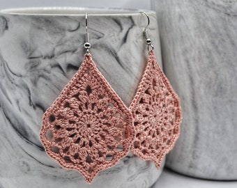 Blush Teardrop Boho Lace Earrings, Handmade Crochet Earrings, Lightweight Statement Earrings