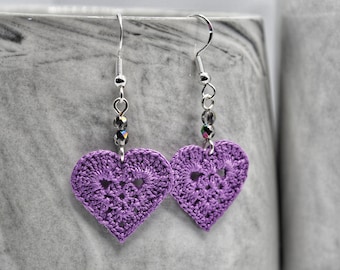 Purple Heart Earrings, Lace Heart Earrings, Heart Aesthetic Earrings, Handmade Crochet Earrings
