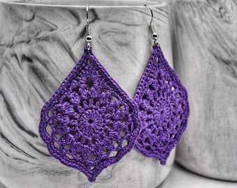 Purple Teardrop Boho Lace Earrings, Handmade Crochet Earrings, Lightweight Statement Earrings