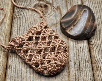 Crystal Pouch Necklace, Tan, Interchangeable Stone Holder, Crochet