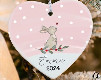 Custom Name Bunny Christmas Ornament, Porcelain Ornament, Winter Bunny Ornament, Baby Girl Ornament, Cute Christmas Baby Girl Gift