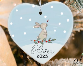 Custom Name Bunny Christmas Ornament, Porcelain Ornament, Winter Bunny Ornament, Baby Boy Ornament, Cute Christmas Baby Boy Gift