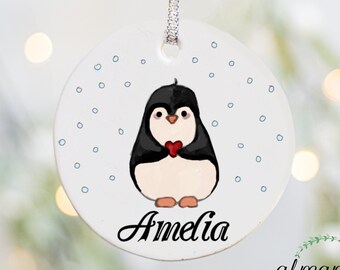 Custom Name Penguin Christmas Ornament, Porcelain Ornament, Winter Penguin Ornament, Baby Animal Ornament, Cute Christmas Baby Gift