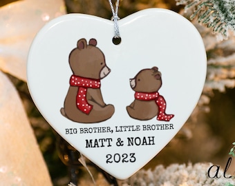 Custom Name Brothers Christmas Ornament, Porcelain Ornament, Big Brother Little Brother Ornament, Bear Ornament, Gift For Grandsonsons