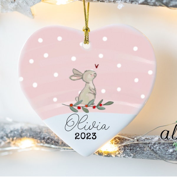 Custom Name Bunny Christmas Ornament, Porcelain Ornament, Winter Bunny Ornament, Baby Girl Ornament, Cute Christmas Baby Girl Gift