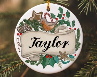 Custom Name Robin Christmas Ornament, Porcelain Ornament, Christmas Tree Decoration, Ceramic Tree Ornament, Custom Christmas Name Gift