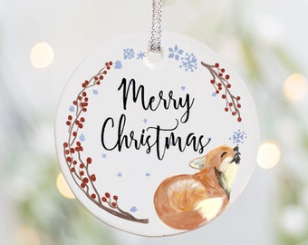 Fox Christmas Ornament, Porcelain Ornament, Winter Fox Ornament, Woodland Animal Ornament, Merry Christmas Gift,Cute Christmas Baby Fox Gift