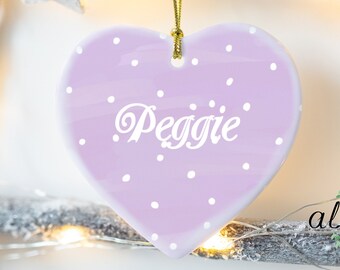 Custom Name Lilac Christmas Ornament, Custom Name Heart Ornament, Ceramic Heart Decoration, Christmas Gift With Custom Name