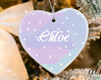 Custom Name Rainbow Christmas Ornament, Custom Name Heart Ornament, Ceramic Heart Decoration, Christmas Gift With Custom Name
