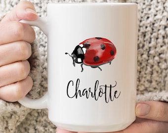 Ladybug Mug With Custom Name, Ladybug Gift, Personalized Ladybug Coffee Mug, Ladybug Theme Gift, Ladybug Gift For Kids, Cute Ladybug Mug