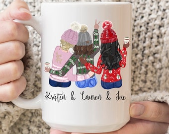 3 Christmas Besties Mug, Pick Your Hair Color, Name Coffee Cup, Christmas Gift For Sister, Best Friend Christmas Gift, Christmas Mug For Her