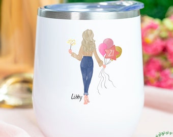 Custom 21st Birthday Tumbler, Pick Your Hair Tumbler, Personalized Wine Tumbler, Custom Birthday Gift For 21 Year Old, Sweet 21st Tumbler