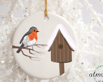 Robin Christmas Ornament, Porcelain Ornament, Winter Scene Ornament, Christmas Decor, Merry Christmas Gift, Robin Bauble, Winter Bird Gift