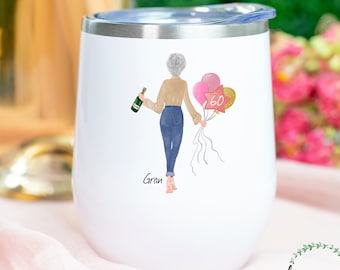 Custom 60th Birthday Tumbler, Pick Your Hair Tumbler, Personalized Wine Tumbler, Custom Birthday Gift For 60 Years Old, Gift For Grandma