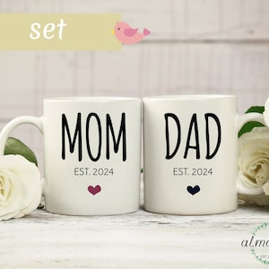 Mom and Dad est. 2024 mug set, baby shower gift, new mom gift, pregnancy reveal mug, baby reveal, parents to be coffee mug set, Mom and Dad.