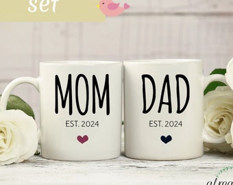 Mom and Dad est. 2024 mug set, baby shower gift, new mom gift, pregnancy reveal mug, baby reveal, parents to be coffee mug set, Mom and Dad.