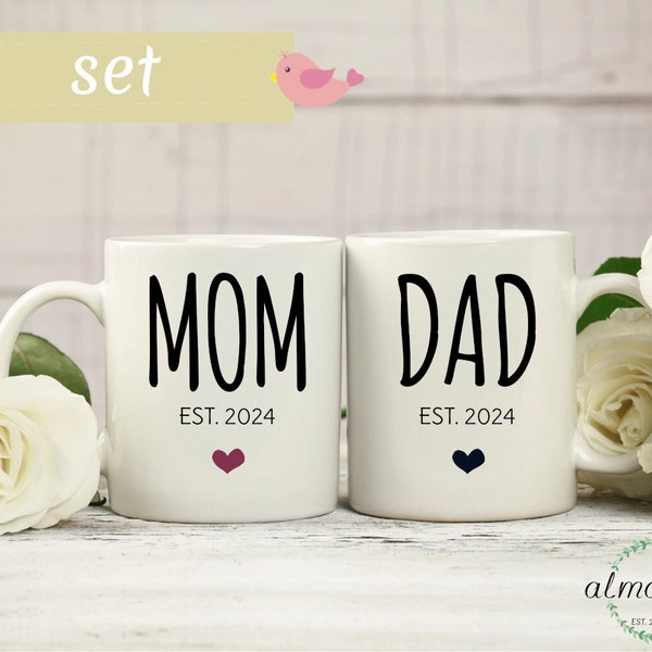 Mom and Dad est. 2024 mug set, baby shower gift, new mom gift, pregnancy reveal mug, baby reveal, parents to be coffee mug set, Mom and Dad.