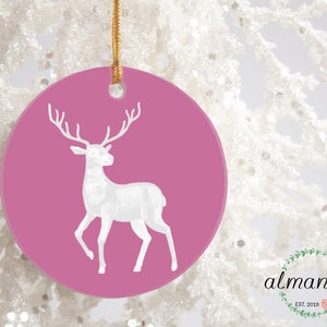 Pink Reindeer Christmas Ornament, Porcelain Ornament, Pink Bauble, Pink Christmas Decor, Merry Christmas Gift, Pink And White Ornament