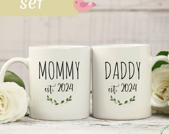 Mommy and Daddy est. 2025 mug set, baby shower gift, pregnancy reveal mug, baby reveal, parents to be coffee mug set, Mommy mug Daddy mug