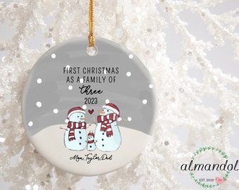 Custom Name Family Christmas Ornament, Porcelain Ornament, Snowman Family Ornament, Newborn Ornament, Christmas Gift For Family Of Three