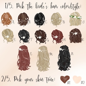 Pu&ograve; includere: Una guida per scegliere il colore e lo stile dei capelli della sposa, con 12 opzioni diverse. La guida include anche due opzioni di carnagione.