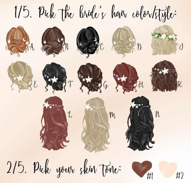 Pu&ograve; includere: Una guida per scegliere il colore e lo stile dei capelli della sposa, con 12 opzioni diverse. La guida include anche due opzioni di carnagione.